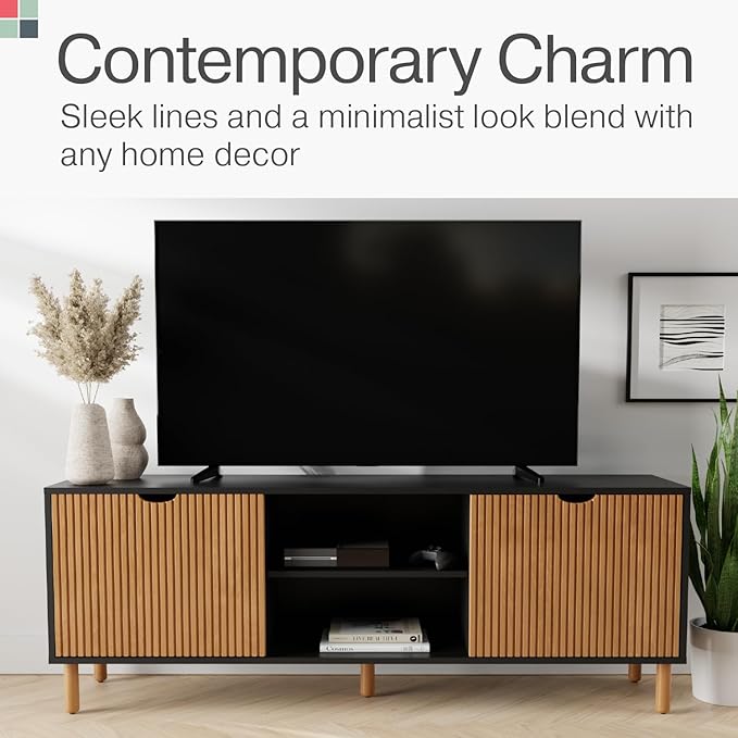 Modern Fluted TV Stand & Media Console - 70-Inch, Fluted Black & Oak - Entertainment Center for 32-80-Inch Screens with Soft-Close Doors & Cord Management