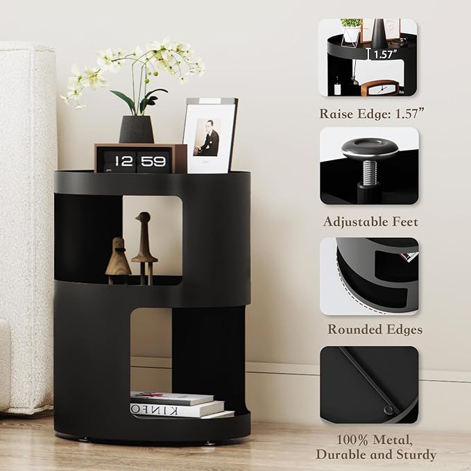 XIV Side Table, Round End Table, Modern Nightstand, Metal Accent Table, Small Bed Side Table for Living Room Bedroom, Bedside Table, Night Stand, No Assembly Required (Black, Round)