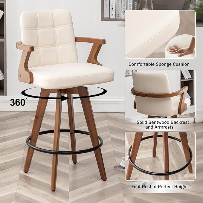 26” Counter Height Bar Stools,Leather Upholstered Bar Chair, Swivel Bar Stools with Back and Arms，Modern Beige Barstool Set of 2 for Kitchen Island