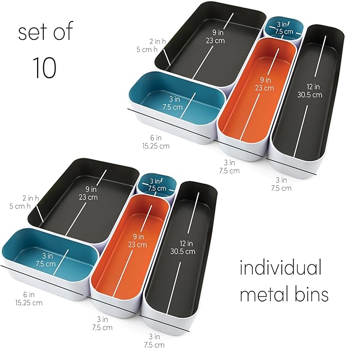 Three by Three Seattle 10 Piece Metal Organizer Tray Set for Storing Makeup, Stationery, Utensils, and More in Office Desk, Kitchen and Bathroom Drawers (2 Inch, Multicolor)