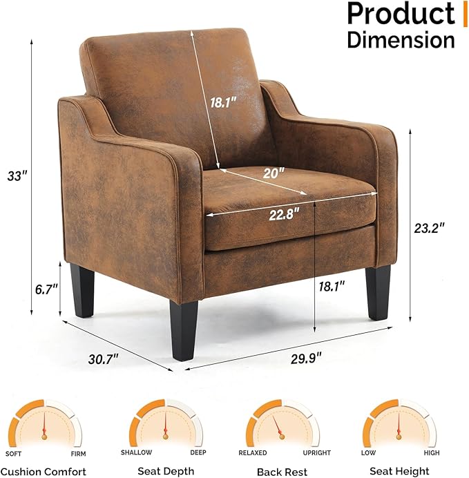 VINGLI Accent Chair for Living Room Chairs Rustic Reading Chair for Bedroom Scooped Arm Chair Mid Century Modern Accent Chairs Upholstered Comfy Chair for Apartment, Waiting Room