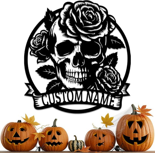 Personalized Skull and Rose Metal Sign, Custom Name Gothic Rose Decor for Garage, Man Cave, Motorcycle Club, Halloween Party, Custom Halloween Metal Wall Art, Spooky Skeleton Home Decor
