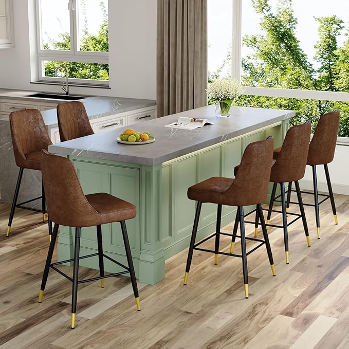 Brown Bar Stools Set of 6,27" Counter Height Bar Stools Set of 6,Faux Leather Counter Stools with Soft Padded Seat & Curved Backrest,Modern Kitchen Island Chairs for Dining Café