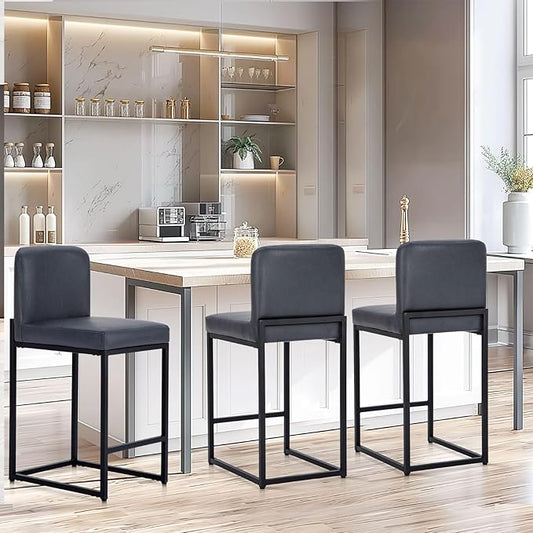 Sophia & William Blue Bar Stools Set of 3,Counter Height 24" Bar Stools, Modern Faux Leather Barstools with Back