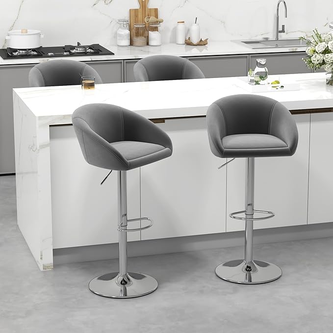 KCC Velvet Bar Stools Set of 2, Counter Height Bar Stools with Low Back, Swivel Barstool for Kitchen Island, Bar Pub (Gray)