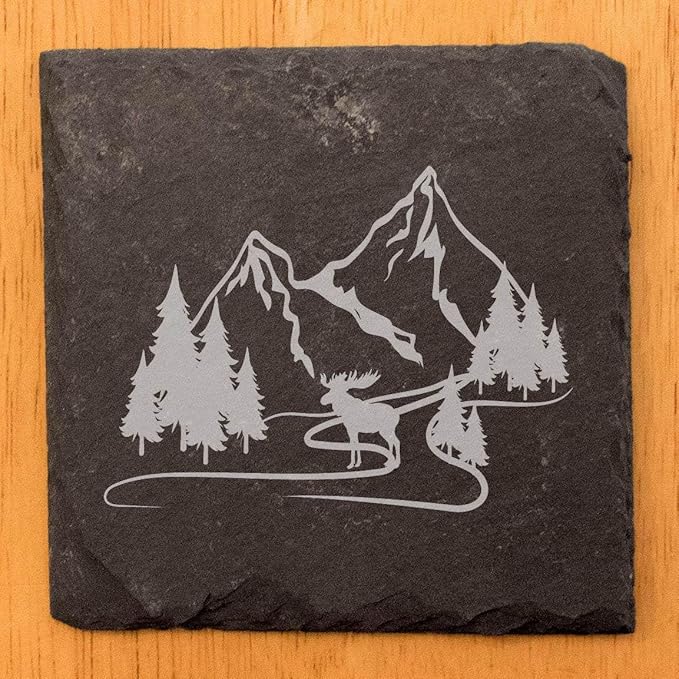 Mountain Majesty Slate Coasters with Stunning Mountain Scene Design - Perfect for Home and Office Decor and Protection of Surfaces, Available in Square or Round Coasters - Square Slate - Set of 5