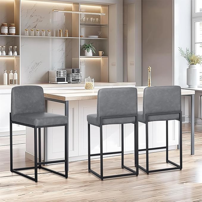 Sophia & William Grey Leather Bar Stools Set of 2, Counter Height 24" Bar Stools with Backs for Kitchen Island
