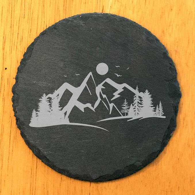 Mountain Majesty Slate Coasters with Stunning Mountain Scene Design - Perfect for Home and Office Decor and Protection of Surfaces, Available in Square or Round Coasters - Round Slate - Set of 8