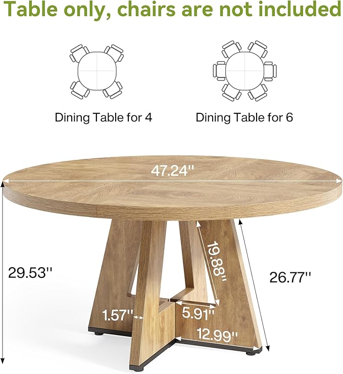 LITTLE TREE Round Dining Table for 4-6 People, 47 Inches Dining Room Table with Wooden Pedestal Base, Circle Kitchen Tables for Dining Room, Kitchen, Living Room, Oak