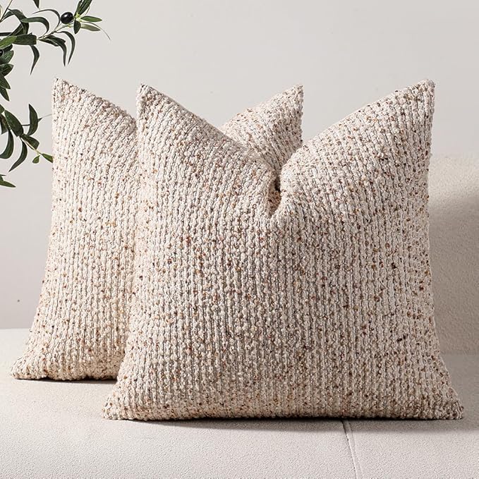 Striped Throw Pillow Covers 22x22 Set of 2 Beige Textured Boucle Chic Morden Boho Accent Farmhouse Square Decorative Couch Pillow Covers for Home Decor Bed Sofa Living Room