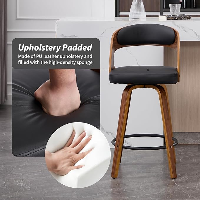 Swivel Bar Stools Set of 2, Walnut Counter Height Bar Stools with Back and Arms, 26" Modern Faux Leather Upholstered Bar Chairs with Bentwood Frame for Kitchen Island Bar - Black