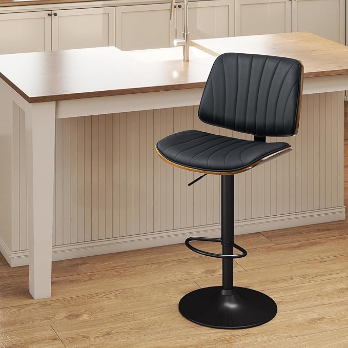 ECOTOUGE Swivel Bar Stools Set of 1, Adjustable Bentwood Barstools, Modern Bar Height Chairs with Back and Footrest for Bar, Kitchen Island, Counter, Dining Room(Black)
