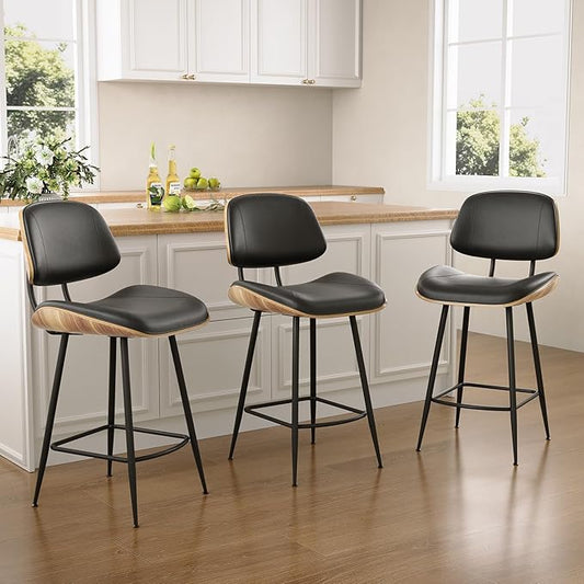 Mid Century Modern Bar Stools Set of 3, PU Leather Counter Height Stools with Walnut Bentwood Back & Metal Legs, 26.7" Barstools Kitchen Island Chairs with Footrest for Home Bars, Black