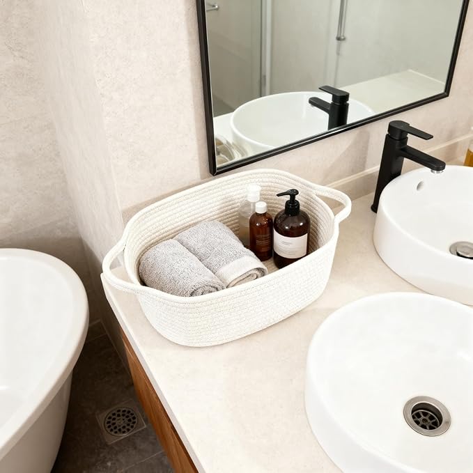 BOMINICA Cotton Rope Storage Basket with Handles, Natural Woven Basket, Decorative Rectangle Organizer Bin for Home, Nursery, Montessori, Pet Toy Storage and Bathroom Organization, White