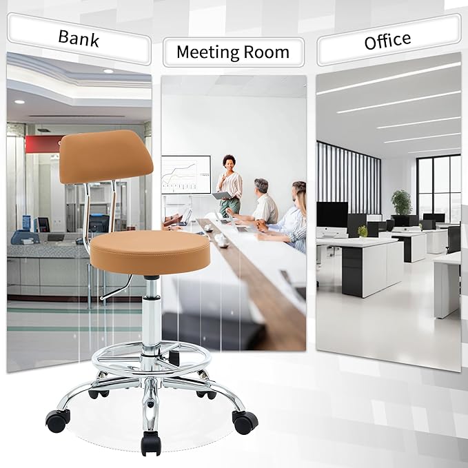 Ergonomic Desk Stool(Sturdy Rolling Stool with Back)(Swivel Armless Office Chair 19.5"-26.6") Adjustable Footrest Salon Chair (Camel Brown)