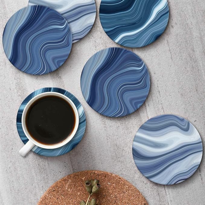 Britimes Coaster for Drinks Set of 6, Vintage Retro Colorful Blue Marble Absorbent Round Ceramic Stone Mat, with Cork Base and Metal Holder, Gift for Housewarming Room Bar Decor