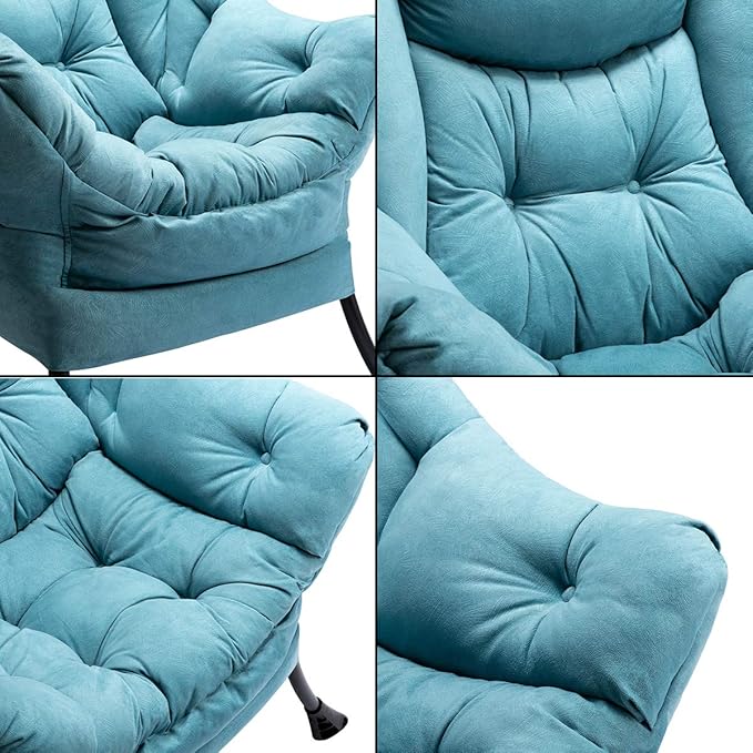 HollyHOME Fabric Lazy Chair with Foldable Ottoman, Accent Comfy Lounge Arm Chair and Folding Footrest Stool Set, Leisure Sofa Reading Chair and Footstool for Living Room, Bedroom, Dorm, Blue