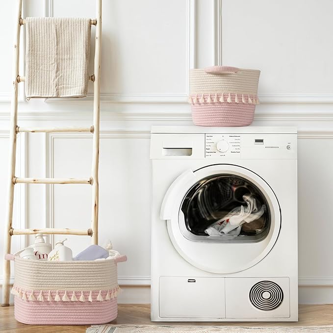 TeoKJ Storage Baskets 3 Packs, Storage Basket for toys,Towel, Storage Bins, Woven Basket for Shelves Bedroom Laundry Nursery, White & Pink