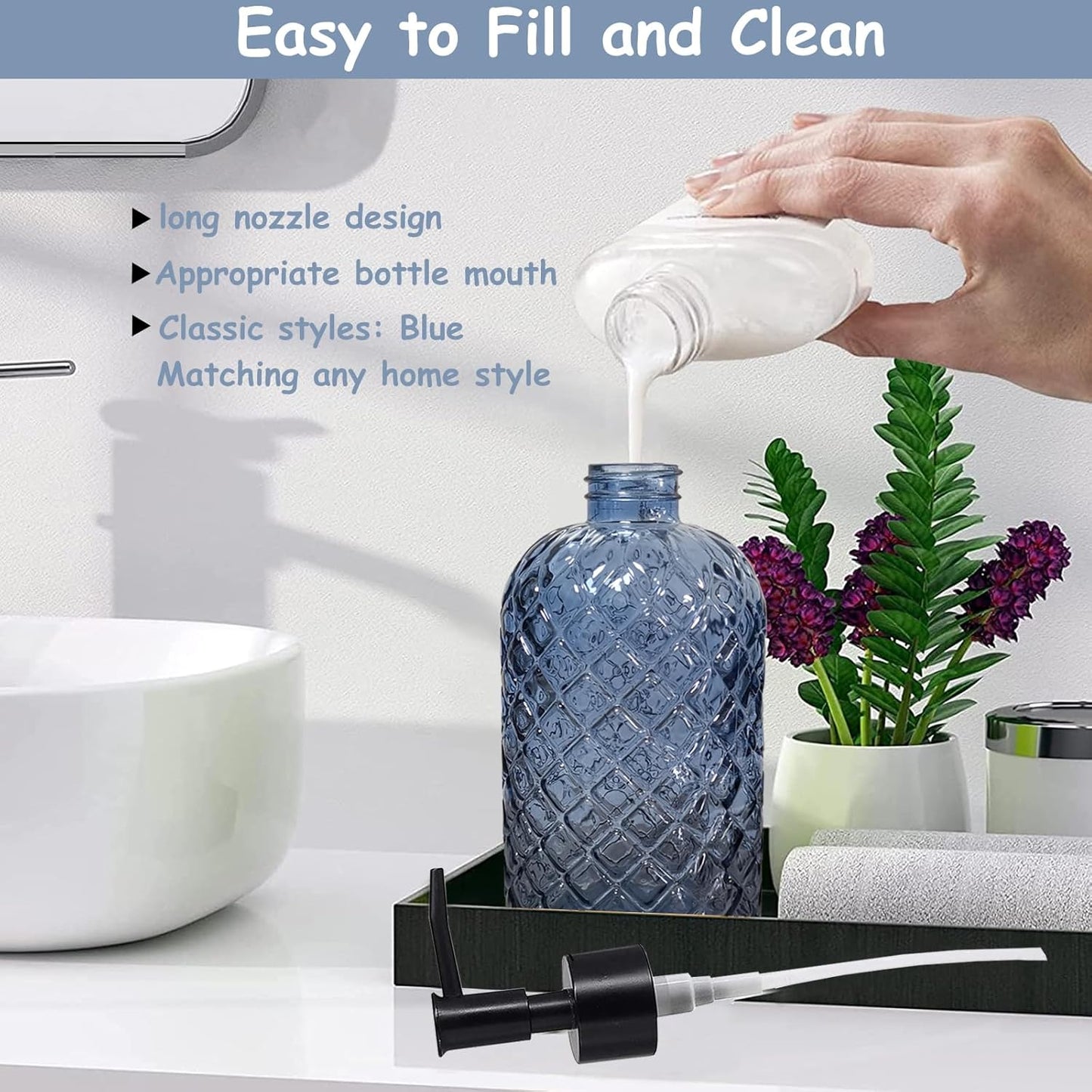 Blue Glass Dish Soap Dispenser for Kitchen, 12oz Refillable Liquid Hand Soap Dispenser Set, 2 Pack Crystal Lotion Bottle for Modern Home Decor, Bathroom Countertop, Hotel