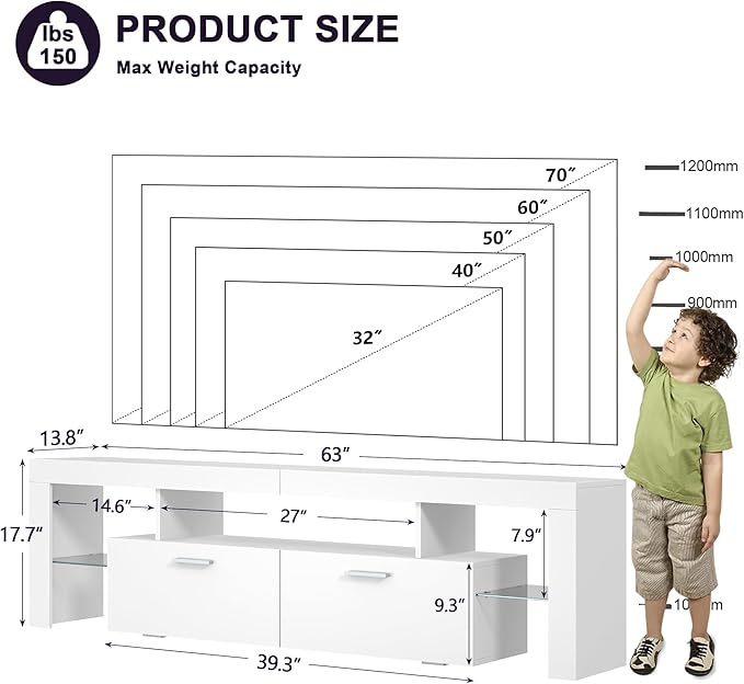 Clikuutory Modern Lighting 63 inch TV Stand with Large Storage Drawer for 50 55 60 65 70 75 Inch TVs, TV Console with 20 Color LED Lights, Entertainment Center Media and Open Shelf for Bedroom, White