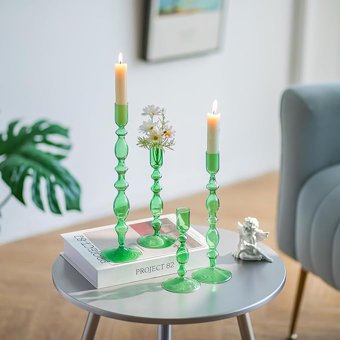 Glasseam Green Glass Candle Holder: Tapered Candlestick Holders Set of 4 Modern Candle Stick Holders for Taper Candlesticks Tall Decorative Candle Holders for Centerpiece Dining Table Christmas Party