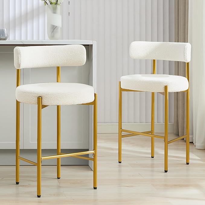 28'' Boucle Bar Stools Set of 2, White Bar Stools with Backs, Bar Height Stools for Kitchen Island, Upholstered Bar Chairs with Gold Legs