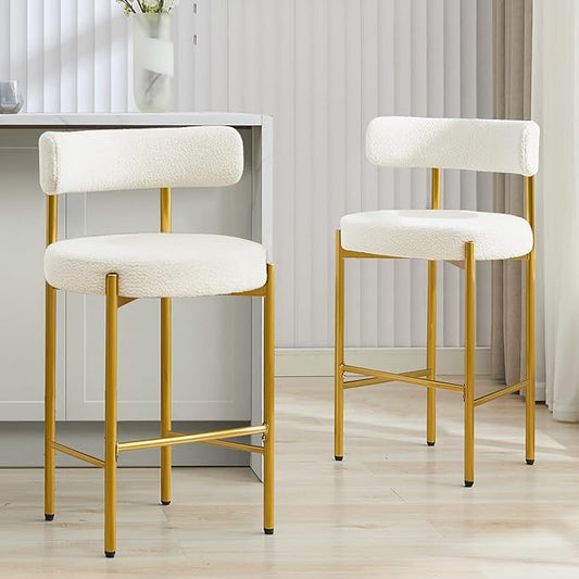 28'' Boucle Bar Stools Set of 2, White Bar Stools with Backs, Bar Height Stools for Kitchen Island, Upholstered Bar Chairs with Gold Legs
