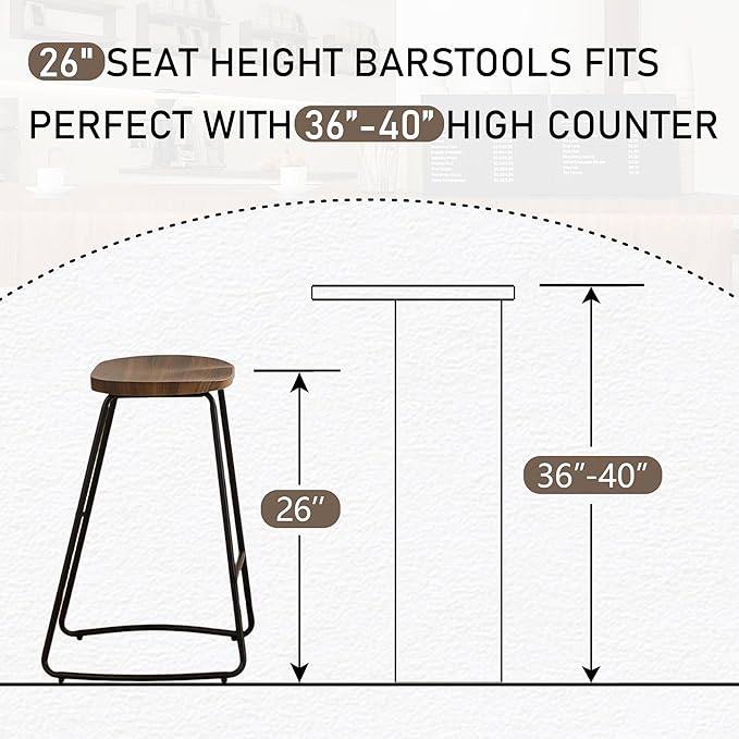 HeuGah Barstools Set of 2, 26" Wood Counter Height Bar Stools, Rustic Backless Bar Stools for Kitchen Island, Bar Chairs with Wood Saddle Seat (Brown, 2 PCS 26Inch Counter Chair)