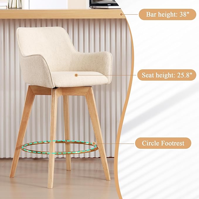 Counter Height Swivel Bar Stools, Linen Upholstered Bar Stools with Back, Arms, Solid Wooden Legs, 26 Inch Chairs for Kitchen Island, Home Pub, Cafe, 2 Pcs, Beige