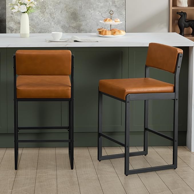 Mid Century Modern Counter Height Bar Stools Set of 3, 26" Bar Height Chairs with Backs, Upholstered Counter Stools, Metal Barstools for Kitchen Island (Brown- Faux Leather, 26"H - Set of 2)