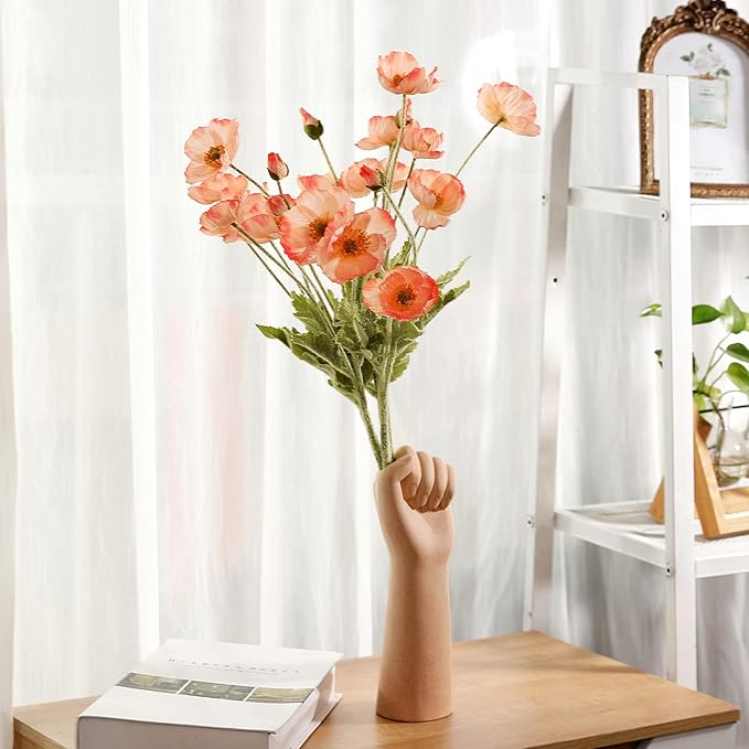 Artificial Poppy Flowers, 5 Bundles Faux Poppies with Stems for Floral Arrangements - Wedding, Home, Office, Party Table Centerpiece Decor (Pink)