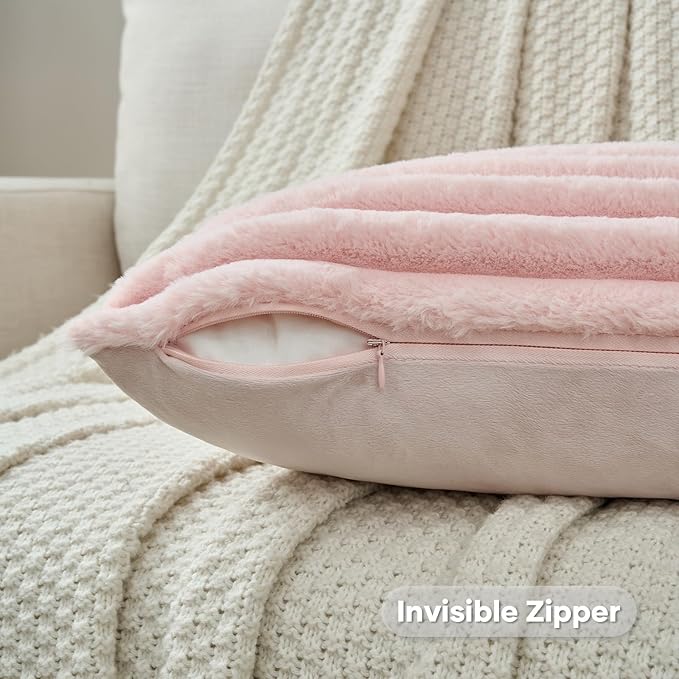 FUTEI Pink Striped Decorative Throw Pillow Covers 26x26 Inch Set of 2,Square Fall Decorations Couch Euro Pillow Shams,Soft Cozy Faux Rabbit Fur & Velvet Back,Modern Home Decor for Bed