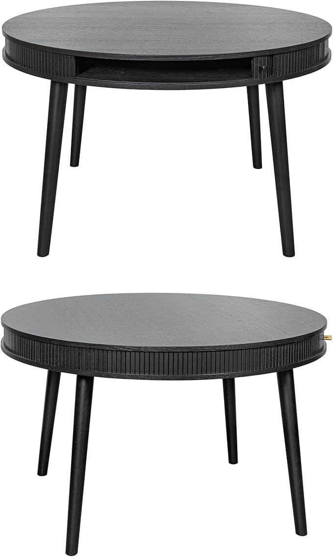 WERMO 47'' Black Round Dining Table for 4 People - Pre Assembled Black Round Kitchen Table with 2 Hidden Storages (Black Oak)