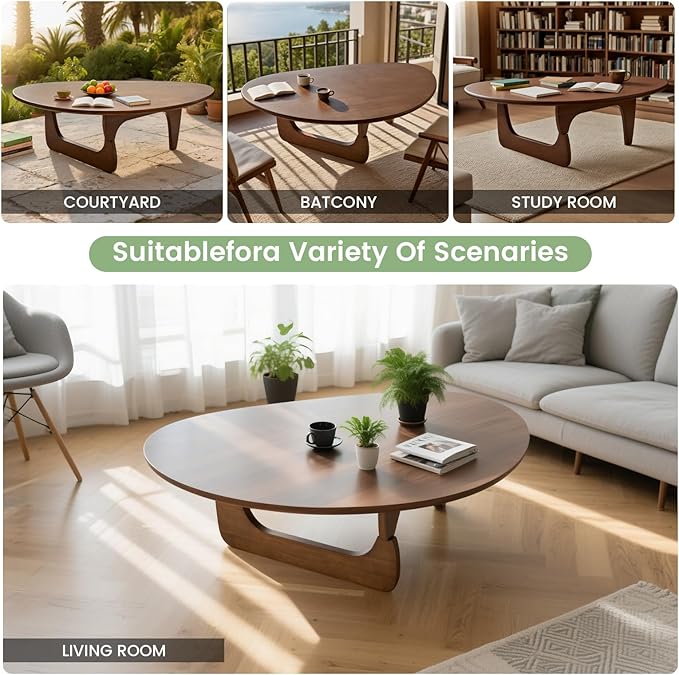 Solid Wooden Modern Triangle Coffee Table: Unique Funky Coffee Tables for Living Room, Oval Mid-Century Irregular Abstract Tea Tables for Patio Office Balcony Bedroom (Walnut, 43" L x 31" W x 16" H)