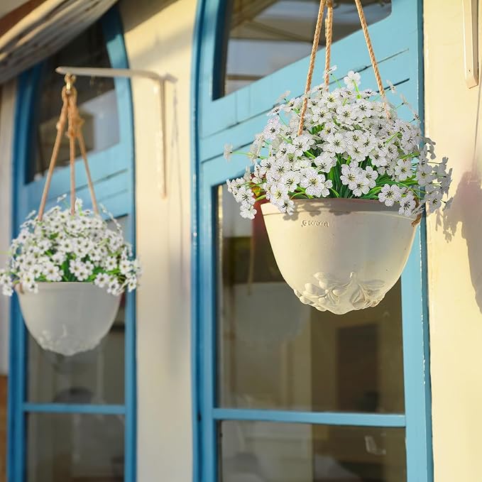 Outdoor Artificial Flowers 21 UV Resistant Bundles Fake Flower Plastic Plants Faux Silk Flowers Porch Hanging Garden Porch Window Box Decorating (White)