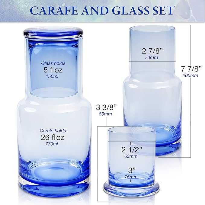 Bedside carafe and glass set, Ombre blue glass bedside carafe with glass that sits inside the carafe, drip free, modern design. 100% dishwasher safe.