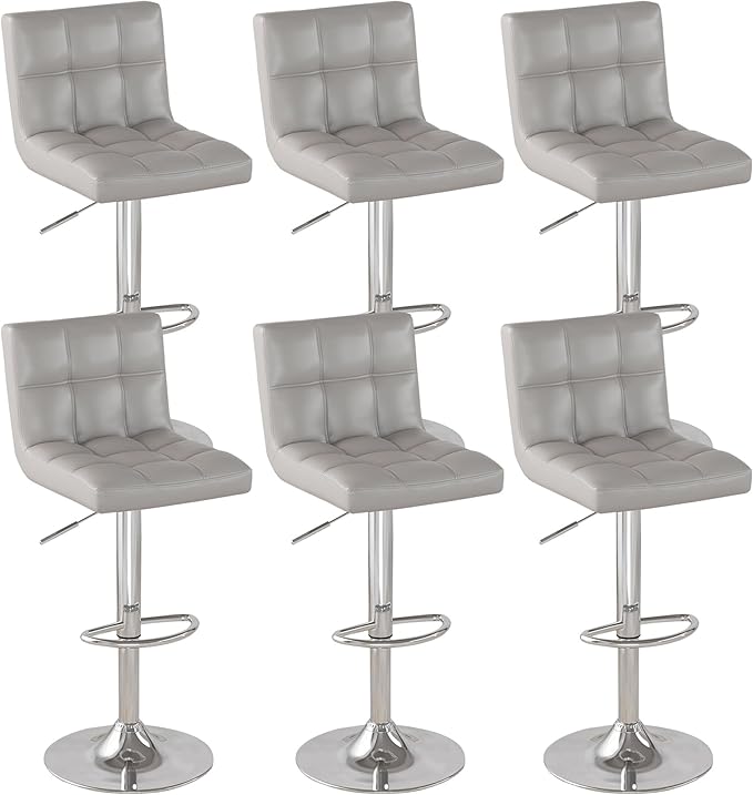 Modern PU Leather Bar Stools Set of 6, Adjustable Swivel Square Bar Chairs, Armless Counter Height Barstools with Back and Large Base for Island/Kitchen(Gray)