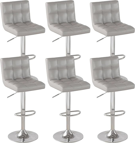 Modern PU Leather Bar Stools Set of 6, Adjustable Swivel Square Bar Chairs, Armless Counter Height Barstools with Back and Large Base for Island/Kitchen(Gray)