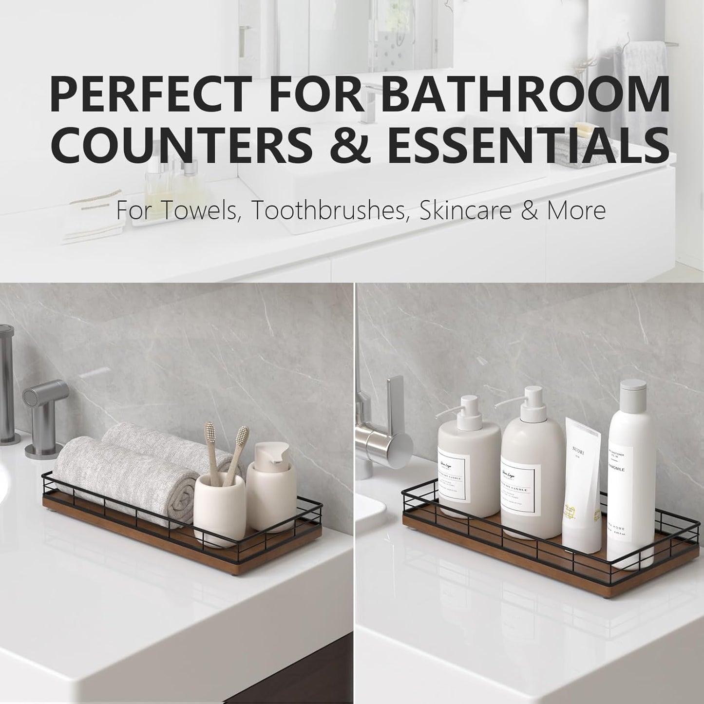 Toilet Paper Basket Organizer – Oak Wood Toilet Tank Tray with Metal Frame, Back of Tank or Top Bathroom Counter Storage – Black & Brown Modern Decor