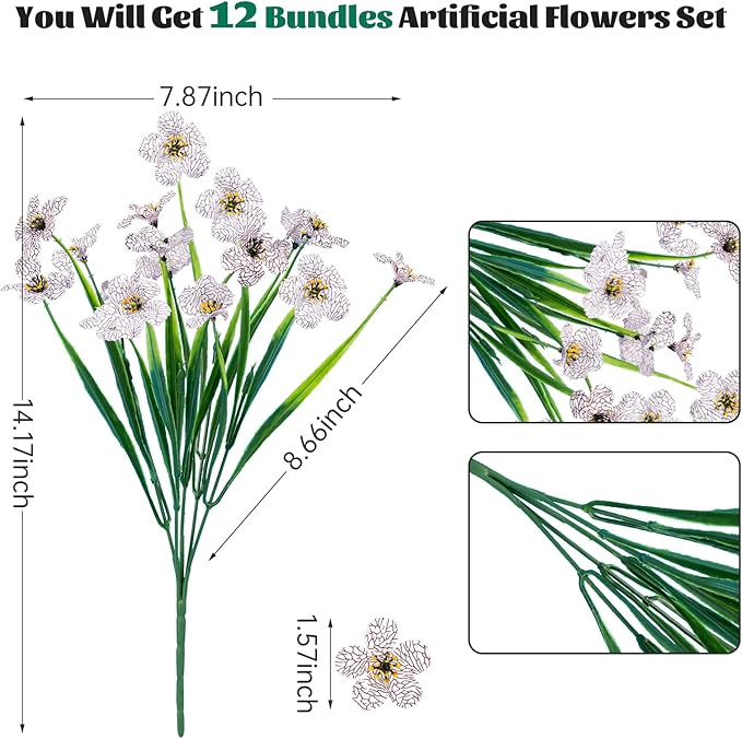 Lnoicy 12 Pcs Artificial Flowers for Outdoor,Plastic Flowers Decoration, UV Resistant Faux Flowers Shrubs, Artificial Plants for Indoor Outside Garden Home Wedding Farmhouse(White)