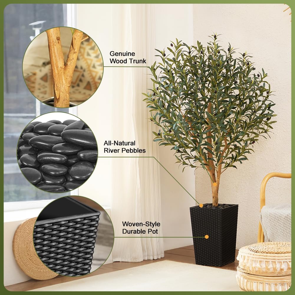 Artificial Olive Tree 5FT, Faux Olive Trees with Real Wood Trunk, UV Resistant Fake Plants in Planter & River Rocks, Indoor Tall Silk Plant for Home Living Room Office Outdoor Decor, VN133
