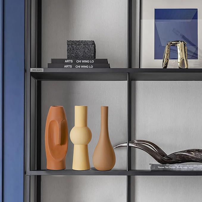 Ceramic Flower Vase Set of 3, Home Decor Vases for Centerpieces, Tulips Flowers Pampas Grass Decor, Boho Rustic Farmhouse Kitchen Bedroom Bathroom Living Room Office Wall Decor Aesthetic -Beige