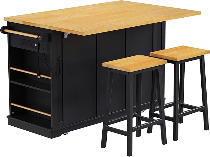 Merax 53" Upgraded Kitchen Cart Island with 2 Bar Stools on Wheels with Power Outlet,Drop Leaf,3 Drawers and 5 Open Side Racks,Wood Frame Storage Cabinet