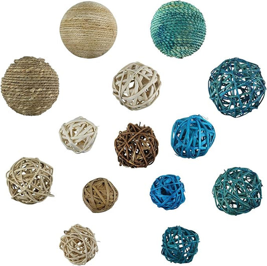 Blue Donuts Decorative Balls for Bowls Decorative Balls for Centerpiece Bowl Fillers, Assorted Rattan Wicker Balls Orb Grapevine Ball, Vase Fillers, Blue, Pack of 18