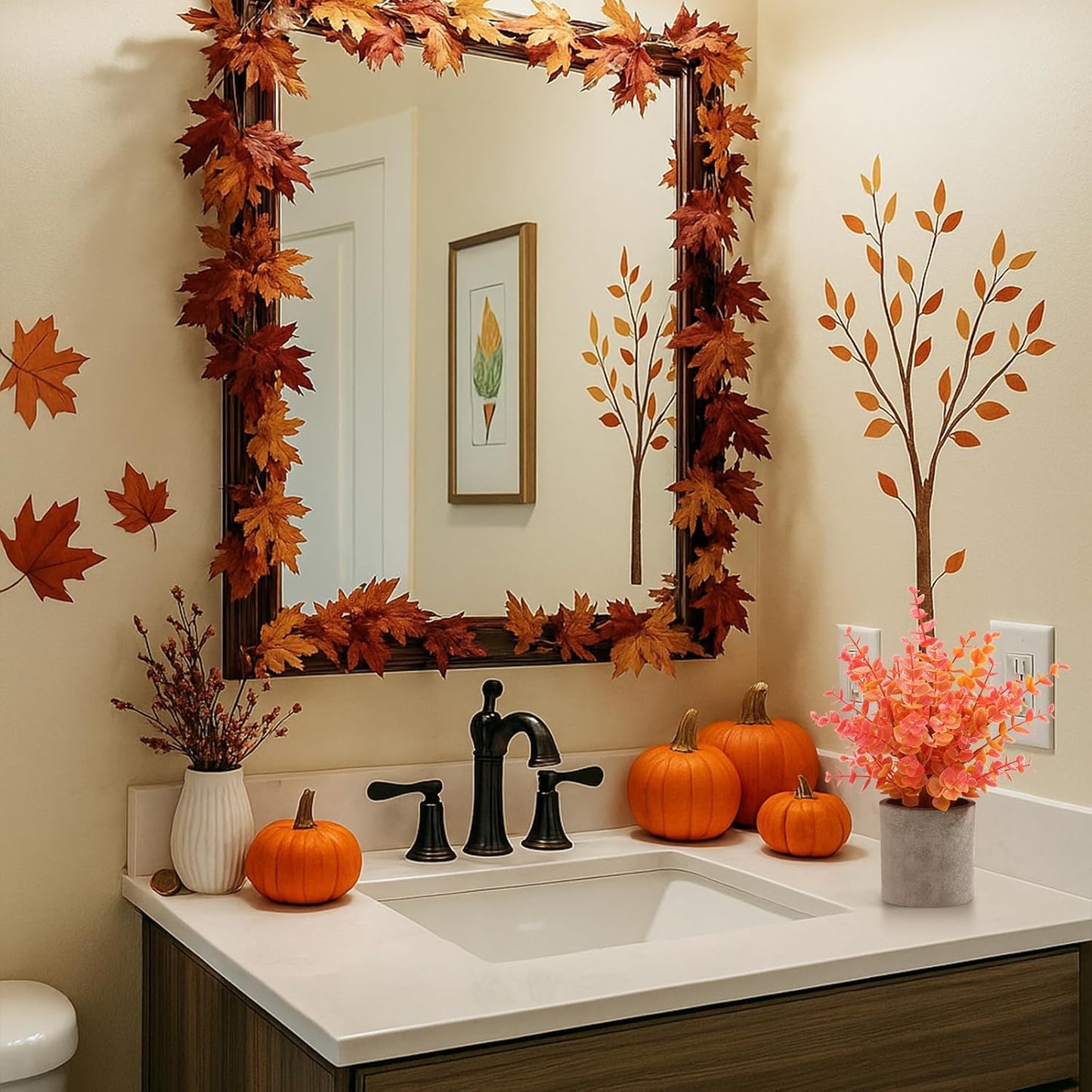 2 Pack Fall Small Fake Plants Eucalyptus Potted Artificial Plants Fall Decorations for Home Shelf Office Bathroom Desk Farmhouse Room Coffee Table Decor Fall Decor (Fall Orange)