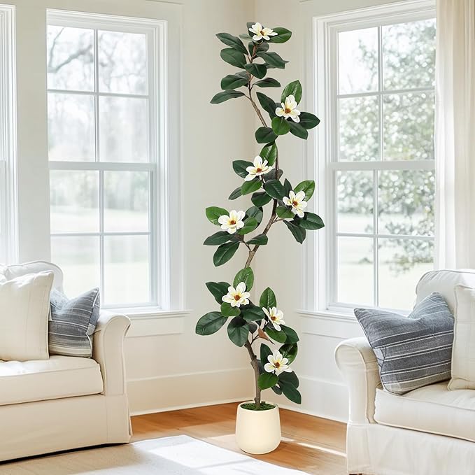 Rubber Tree 7 ft Artificial Tree in White Planter Pot, Faux Plants Indoor Faux Floor Plant Artificial Plants with 8 Pcs Magnolia Flowers for Home Decor, Artificial Fiddle Leaf Fig Tree for Office