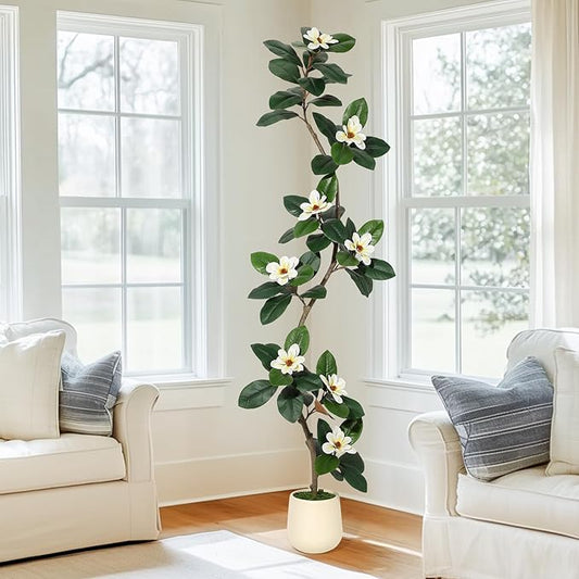 Rubber Tree 7 ft Artificial Tree in White Planter Pot, Faux Plants Indoor Faux Floor Plant Artificial Plants with 8 Pcs Magnolia Flowers for Home Decor, Artificial Fiddle Leaf Fig Tree for Office