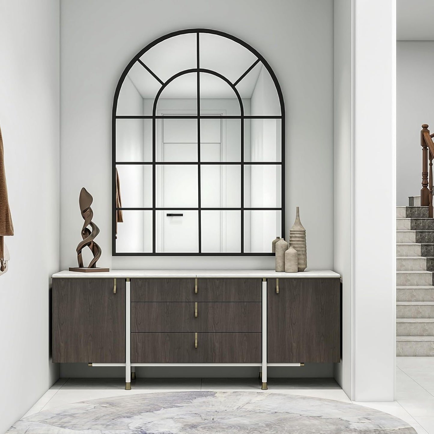 30"×40" Windowpane Arched Wall Mirror, Grid-Designed Decorative Farmehouse Wall Mounted Mirror with Metal Frame Hanging Leaning for Entryway, Living Room, Home Decor, Black