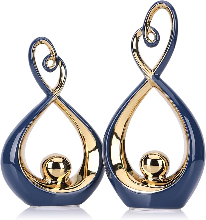 Blue Decor Accent, Porcelain Art Mid Century Modern Blue and Gold Decorations, Dining Table Objects, Abstract Ceramic Statue Sculpture - for Bookshelf Tv Stand Centerpiece Centro De Mesa