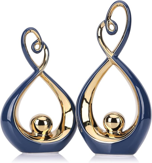 Blue Decor Accent, Porcelain Art Mid Century Modern Blue and Gold Decorations, Dining Table Objects, Abstract Ceramic Statue Sculpture - for Bookshelf Tv Stand Centerpiece Centro De Mesa